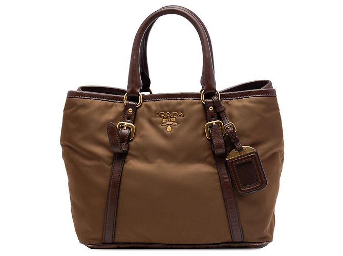 Bolsa Prada Marrom Vitello Daino com acabamento em Tessuto Caqui