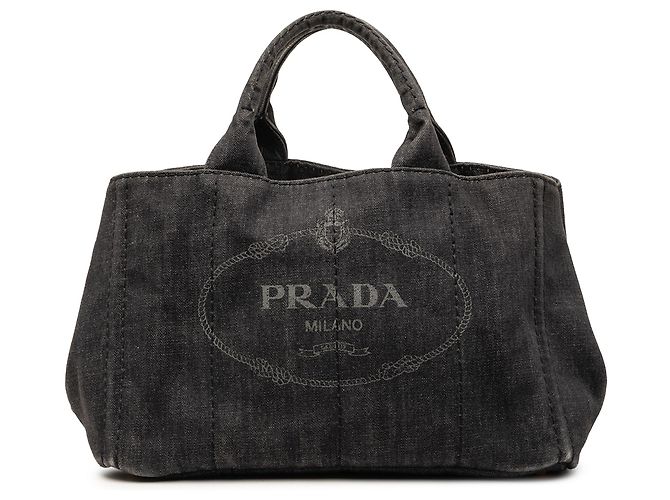 Tote Prada em Denim Preto com Logo Canapa
