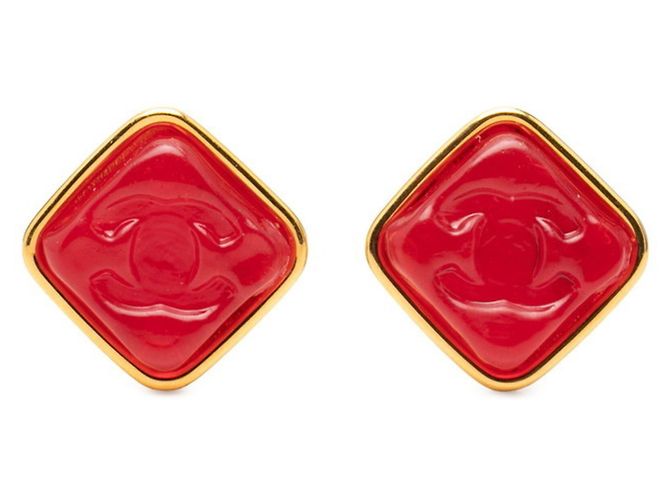 Chanel Coco Mark Vintage Clip-Ohrringe Rot Golden