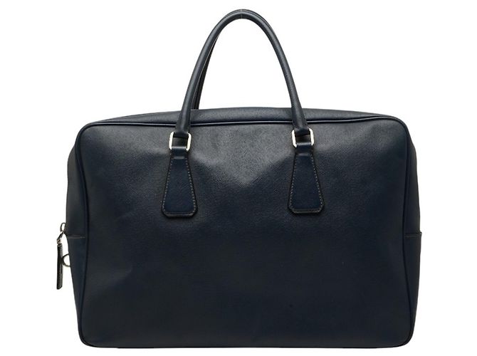Mallette Prada avec logo plaque Triangle en cuir Saffiano bleu marine