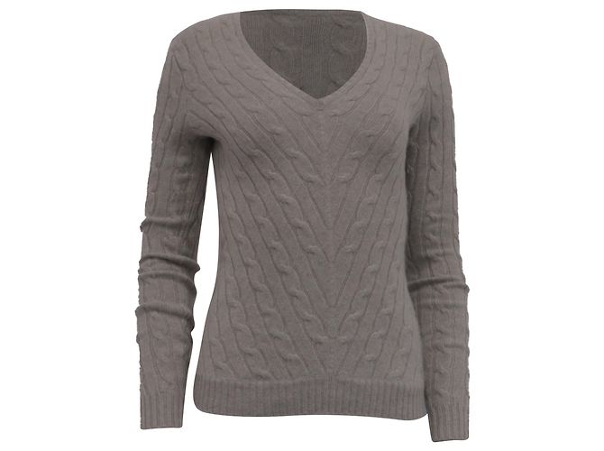 Ralph Lauren Strickpullover mit V-Ausschnitt aus hellgrauem Kaschmir mit Zopfmuster