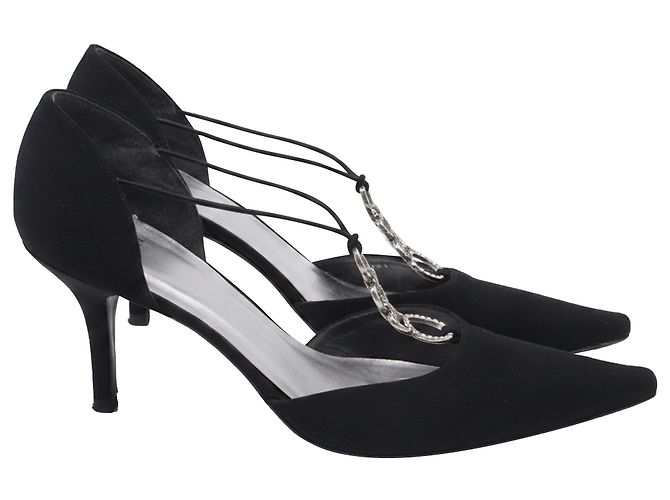 Stuart Weitzman Embellished T-Strap D'Orsay Pumps in Black Satin