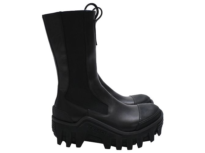 Versace Mid-Calf Leather Chunky Chelsea Boots in Black Leather