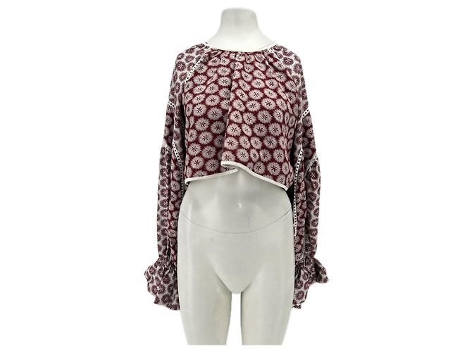 Autre Marque Crop top de manga larga granate con motivos blancos Burdeos
