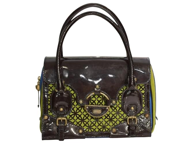 Gianni Versace Couture Carla Handtasche - Wildleder & Lackleder Braun Blau Grün Lila 