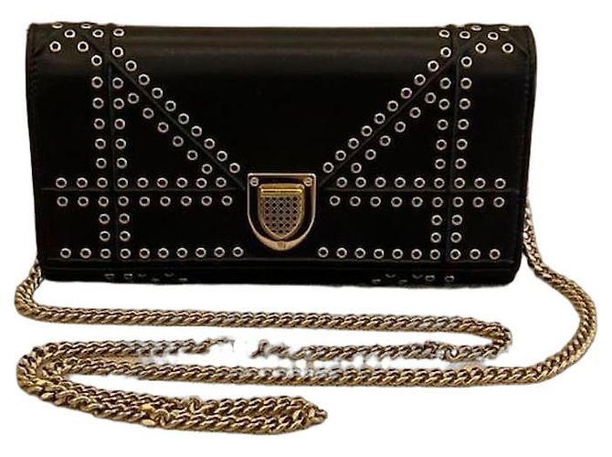 Dior Diorama Studded Black Leather Wallet on Chain