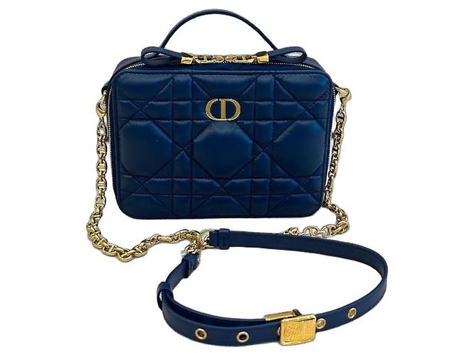 Bolsa Dior Caro Box Couro de Bezerro Azul Marinho
