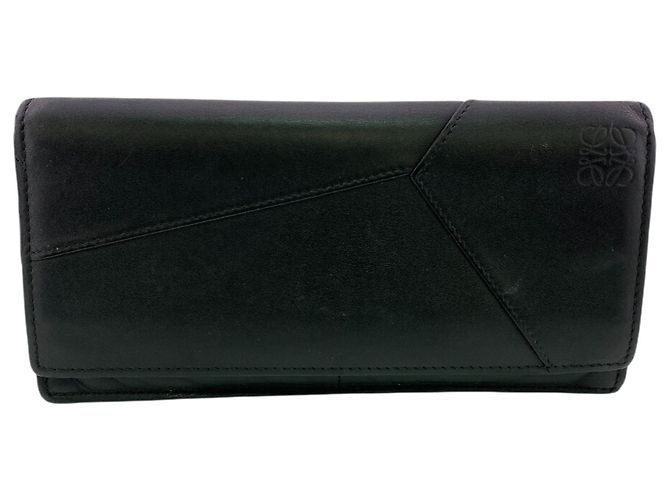 Puzzle Loewe Black Leather Long Bi-fold Wallet