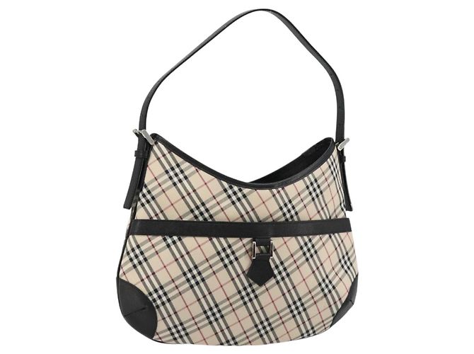 Bolsa de Ombro BURBERRY Nova Check em Lona e Couro Bege Prata Auth ka4754V