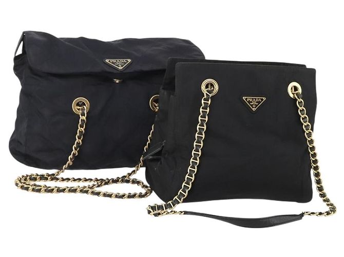 Borsa Tote con Catena PRADA Nylon 2 Set Navy Black Auth am11754 Nero Blu navy