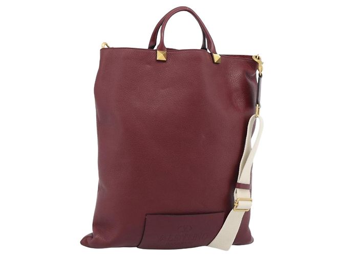 Bolsa Tote VALENTINO de couro 2way Bordeaux Ouro Auth BA13367A