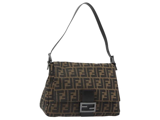 FENDI Zucca Canvas Mamma Baguette Shoulder Bag Black Brown Auth 184903SAM