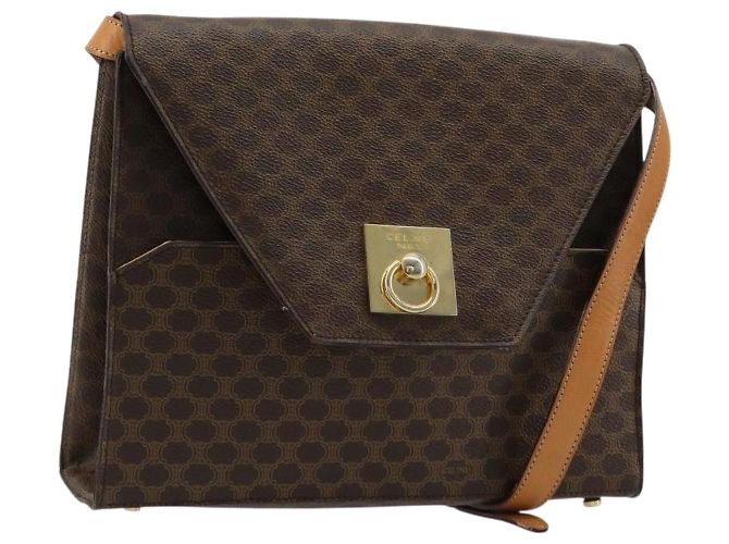 Céline Bolsa de Ombro CELINE Macadam Canvas PVC Couro Marrom Ouro Auth 184541 Dourado