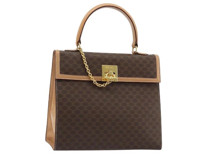 Céline CELINE Macadam Canvas Handtasche PVC Leder Braun Gold Auth 184975V Golden