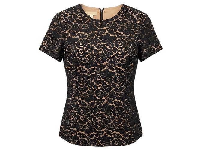 Schwarz kurzärmelige Spitzenbluse Michael Kors Collection