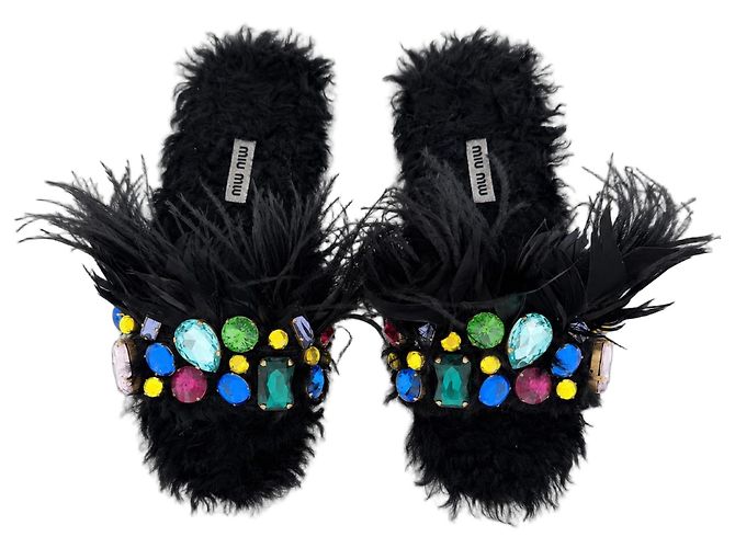 Miu Miu Resort 2017 Sandali piume e cristalli neri Nero Multicolore