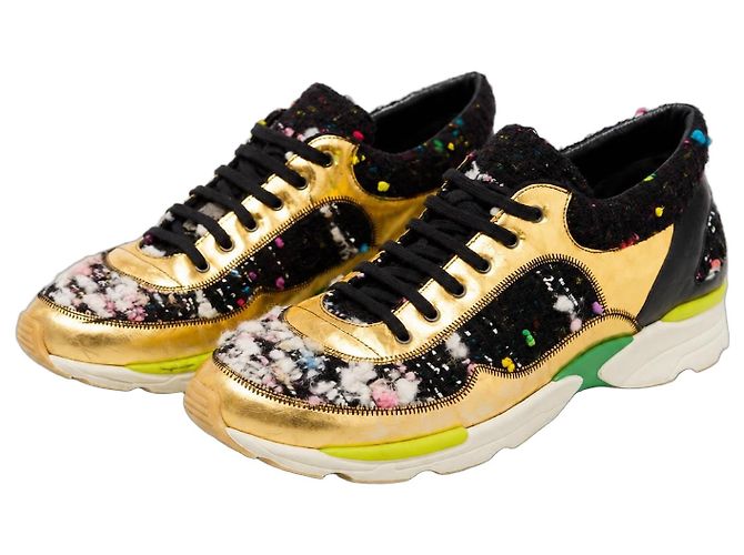 Chanel Baskets Chunky en Tweed et Cuir Doré Noir Multicolore
