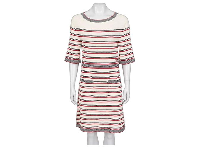Chanel Kleid mit beige gestreiftem Print - Größe FR36/S gebraucht