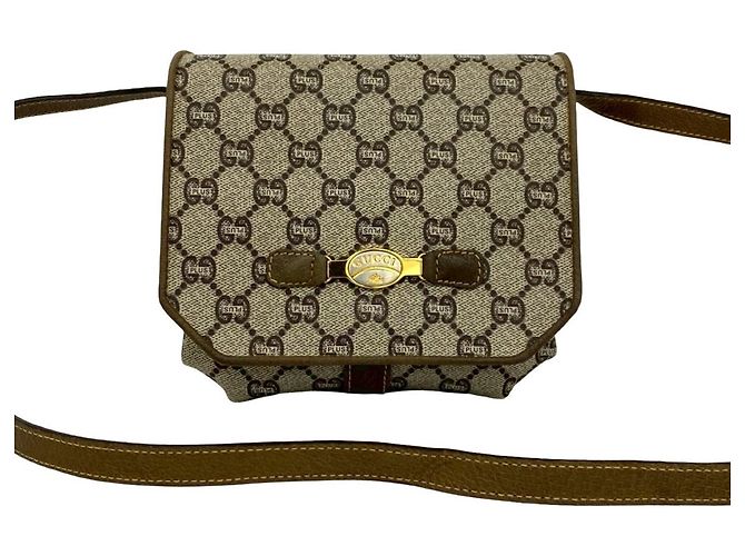 Gucci Plus Logo Pattern Leather Mini Shoulder Bag Brown