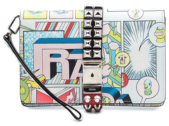 Prada White Comic Print Studded Leather Elektra Clutch