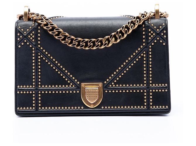 Dior Black Medium Studded Lambskin Diorama Flap Noir