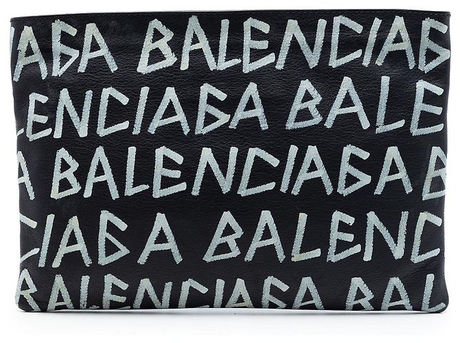 Clutch Balenciaga in pelle nera con graffiti Nero