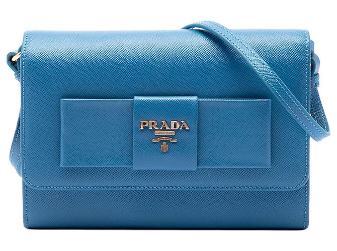 Carteira Prada Blue Saffiano Lux Bow com Alça Azul