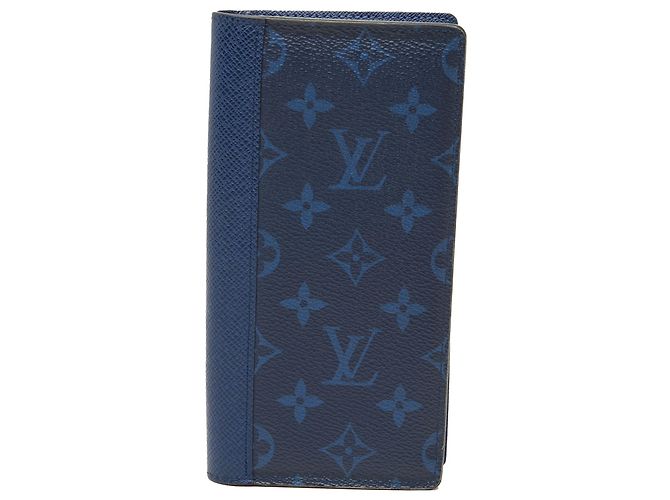 Portefeuille long plié Louis Vuitton Blue Monogram Taigarama Brazza Bleu