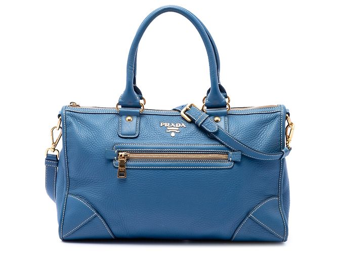 Bolsa Satchel Prada Blue Vitello Daino com Zíper Azul