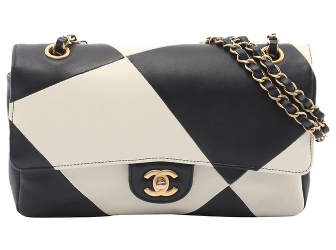 Chanel Black Medium Classic Lambskin Geometric Patchwork Double Flap Preto