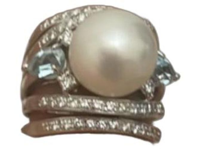 Autre Marque Anello in Oro 18K con Perla, Acquemarine e Diamanti Argento Bianco Blu chiaro