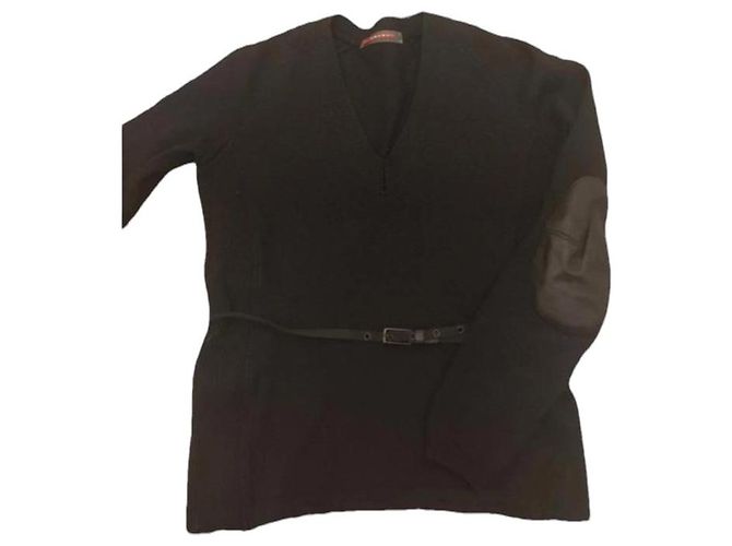 Prada Schwarzer Wollpullover mit Lederdetails 