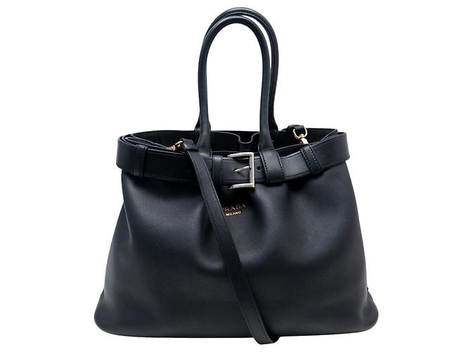 NOVA BOLSA DE MÃO PRADA LARGE BUCKLE COM CINTO 1BA416 COURO PRETO BAG NEW