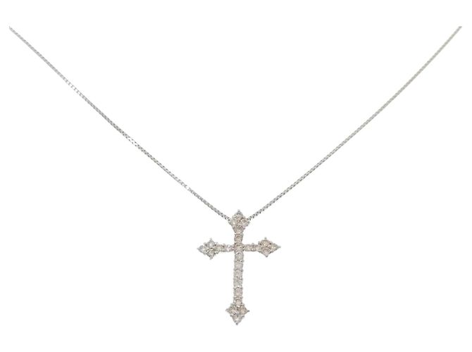 Autre Marque Platin-Diamant-Kreuzhalskette Silber