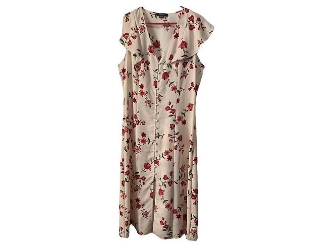 Autre Marque Cremefarbenes Midi-Kleid mit Blumenprint Rot Roh