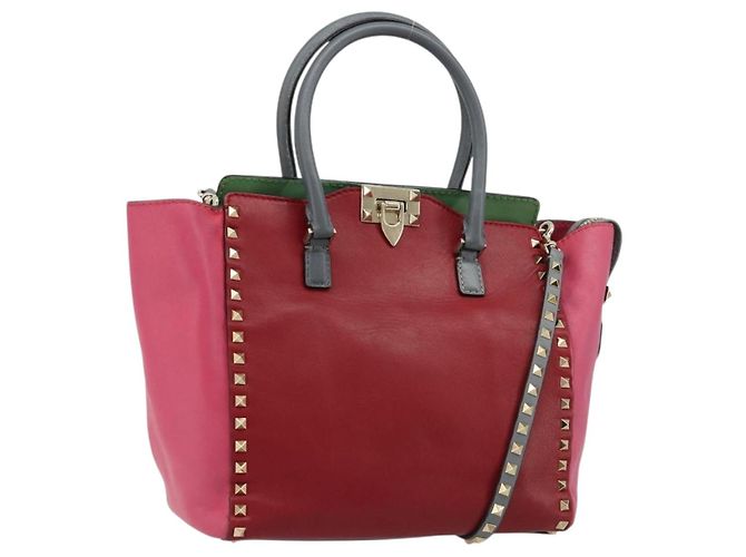 Borsa Tote VALENTINO Studs in pelle 2way Rosso Oro Auth BA13391A D'oro
