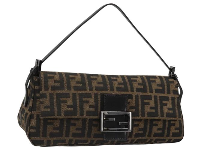 FENDI Zucca Canvas Mamma Baguette Shoulder Bag Black Brown Auth 184907SAM