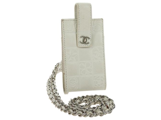 CHANEL icon Chain Shoulder Pouch Lamb Skin White Silver CC Auth 184233A Argento Bianco
