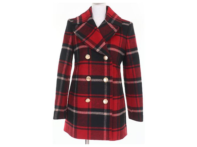 COACH Check Pattern Metal Logo Double Breasted Coat Red