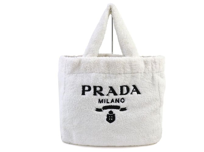 Borsa Tote in spugna Prada con logo Triangle Nero Bianco