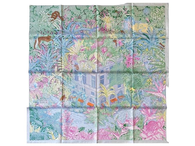 Lenço de seda Hermès Faubourg Tropical Rosa Azul Verde