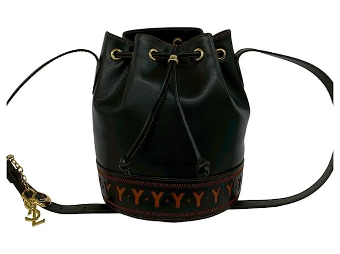 Sac à bandoulière en cuir à cordon de serrage Yves Saint Laurent Noir Orange 