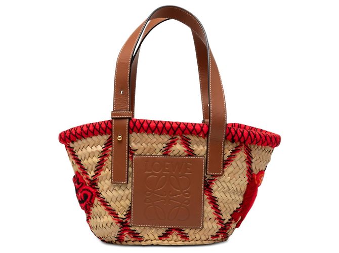 LOEWE Beige Small Raffia Basket Tote mit Tierbestickung