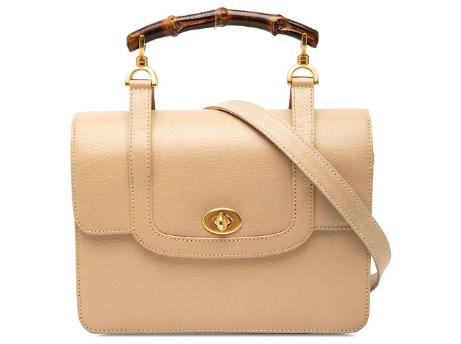 Bolsa Gucci de couro de bezerro bege com alça superior Turnlock Bamboo