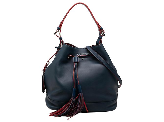Prada Blue Soft Calf Tassel Convertible Drawstring Beuteltasche Blau Marineblau
