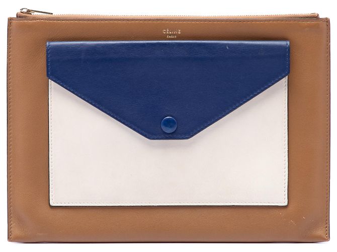 Céline Clutch a bustina con zip in pelle tricolore marrone Celine