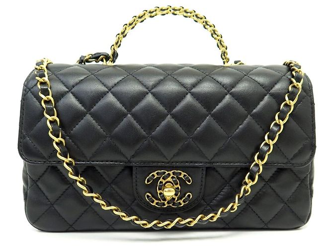 NOVA CHANEL TIMELESS HANDLE PM BOLSA DE COURO MATELASSÊ COM ALÇA Preto