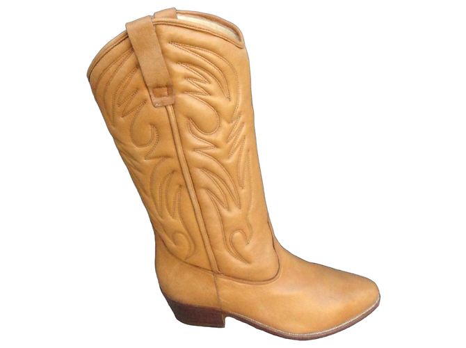 Botas Cowboy de Couro Pollini Marrom Amarelo