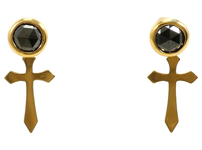 Autre Marque Pendientes de botón en oro amarillo de 18K con diamantes negros Dorado