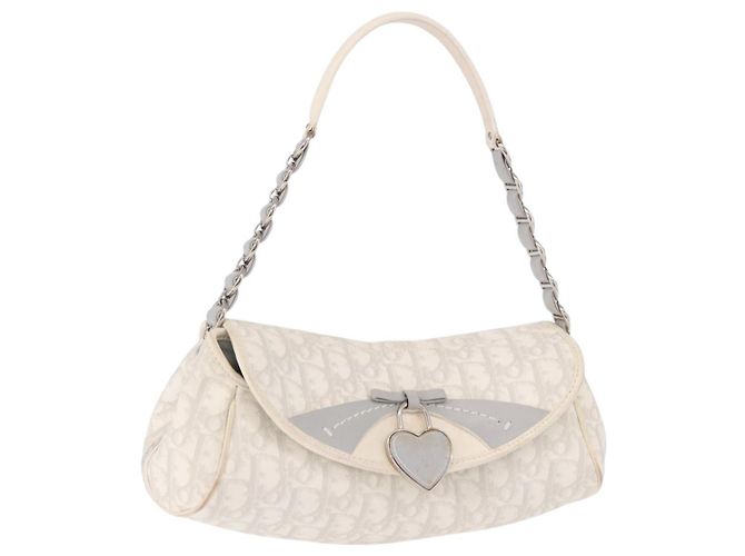 Borsa Christian Dior Trotter Canvas Romantic Chain PVC Bianco Argento Auth 184394SAM